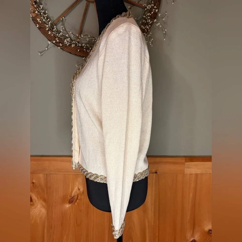 Vintage Chic Cream Cardigan with Gold Jewel Detailing made in USA size 4
